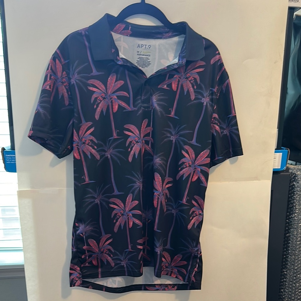 APT.9 Black Polo Shirt with Pink Palm Tree Print